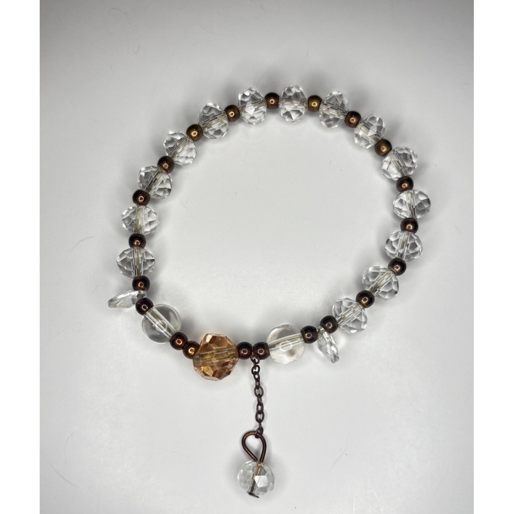 Artisan Faceted Glass Bead Stretch Bracelet Clear Amber Copper Tone Boho